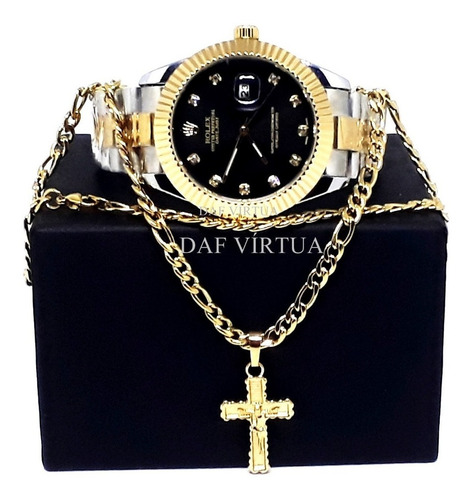 Relógio Dourado Prata Rose + Corrente Banhada + Cruz + Caixa