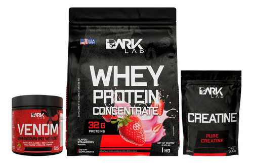 Whey Protein Morango 1kg + Creatina 500g + Venom 300g Sabor Frutas Vermelhas