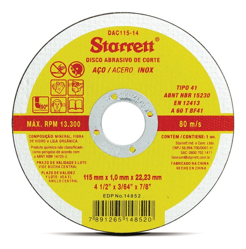 Disco Corte Aço Inox 115mm X 1mm Dac115-14 Starrett 10 Unid.