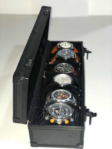 Imagen 1 de 10 de Caja Aluminio Negra Almacenar 6 Relojes,almohadillas Negras