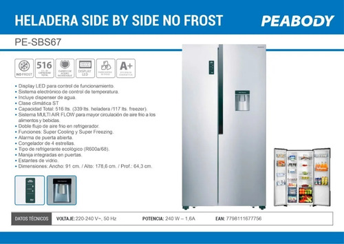 Imagen 6 de 10 de Heladera No Frost Peabody Side By Side 516 Lts Doble Puerta