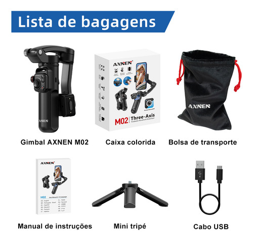 Estabilizador de cardan Axnen para telefones celulares e câmeras de 3 eixos M02