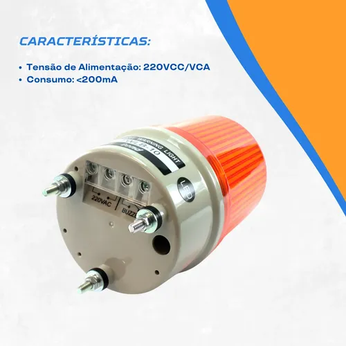 Sinaleiro Rotativo Led Laranja 220vca 100mm Buzzer Metaltex