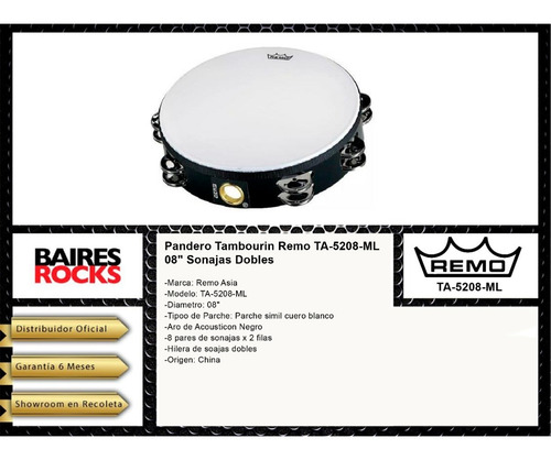 Imagen 2 de 8 de Pandero Tambourin Remo Ta-5208-ml 08 Sonajas Dobles
