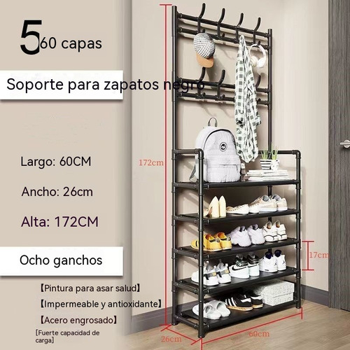 Zapatero 5 Niveles Perchero Acero Metálico Organizador 2 En 1 Armable Con 8 Ganchos Negro,estante Para Zapatos