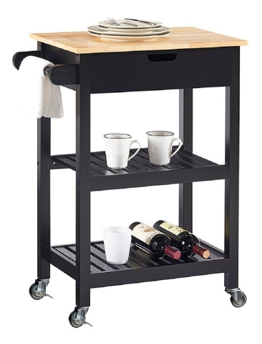 Mesa Servicio Madera 2 Estantes 1 Caja 64x39x85cm Negro