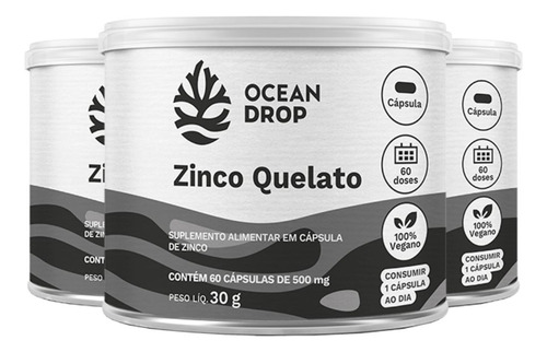 Kit 3x Zinco Quelato Bisglicinato 60 Caps 500 Mg Ocean Drop Sabor Sem Sabor