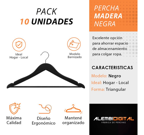 Perchas De Madera Negras Premium X 10