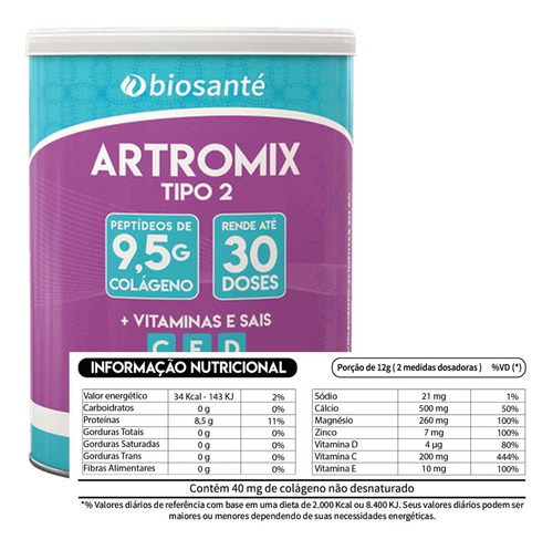 Colágeno Tipo 2 Artromix 360g - Biosanté- Articulação Juntas Sabor Iogurte De Morango