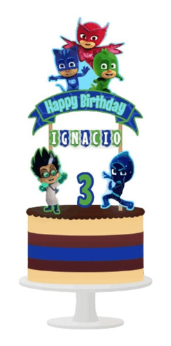Imagen 1 de 5 de Cake Topper Pj Masks Héroes En Pijamas Adorno Para Tortas