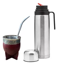 Comprar Set Kit Combo Matero Mate Imperial Marrón Guarda Pampa Cuero Virola Acero Inoxidable Premium Con Bombilla Pico Loro + Termo Acero Inoxidable Media Manija Pico Cebador Hermético 1l