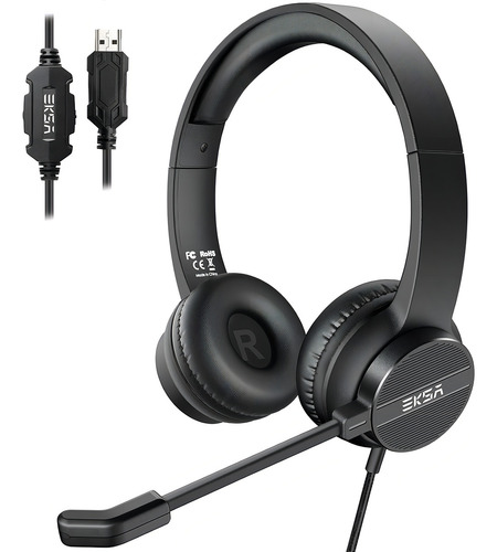 Auriculares Eksa H12e Usb + Micrófono Y Cancelación De Ruido Color Negro