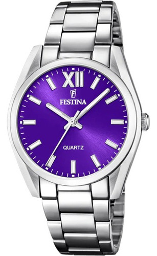 Reloj Festina F20622.a Para Mujer Analogico Cuarzo Color de la malla Plateado Color del bisel Plateado Color del fondo Lila