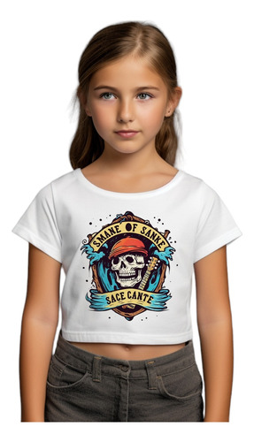 Camiseta Cropped Infantil Caveura Pirata Logo Rock