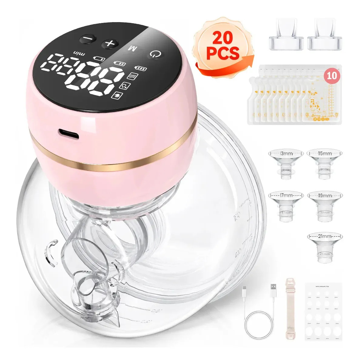 Extractor de Leche Eléctrico Portátil Vestible Inalámbrico Gurkitsy, Kit Saca Leche Manos Libres, 5 Bridas, 3 Modos, 12 Niveles, Anti-Reflujo, Pantalla LED, Recargable Silenciar para Hogar Trabajo