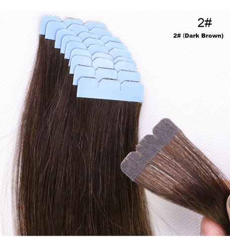 40 Pzs Extensiones De Cabello Con Base Pu Humano Real 45cm Pu-2x-castaño Muy Oscuro