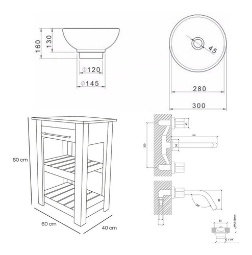 Imagen 7 de 10 de Mueble Diseño Vanitory 60 + Bacha Deca L460 + Griferia Pared