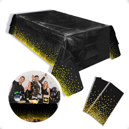 Mantel Metalico Rectangular Negro Puntos Dorados Fiesta Deco