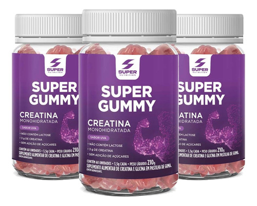 Kit 3 Super Gummy Creatina Monohidratada Sabor Uva 60 Gomas