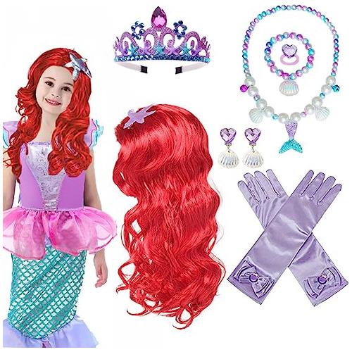 Peluca Princesa Sirena Ariel Con Tiara Collar Guantes (no Incluye Vestido) Accesorios Disfraz Halloween Para Niñas (morado2)