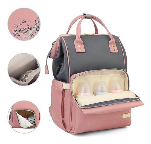 Mochila Maternidade Lequeen Bolsa Bebê Mamãe Multifuncional Cor Rosa-Cinza