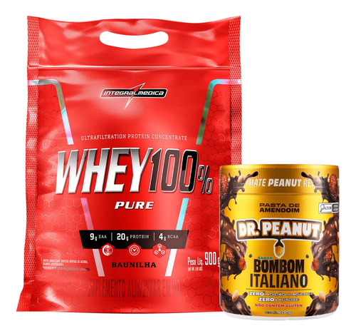 Whey 100% Pure 900g - Refil + Pasta Amendoim Dr Peanut