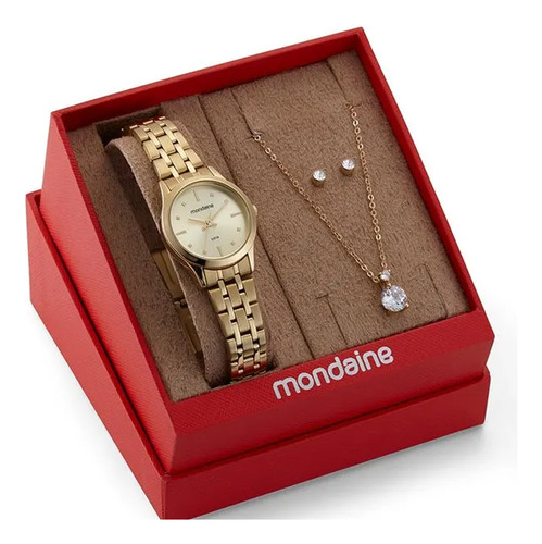 Kit Relógio Mondaine Dourado Com Semijoia 32611lpmkde1k1