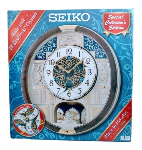 Reloj de pared Seiko Musical con cristal Swarovski importado, color del marco: marrón oscuro, color de fondo: beige