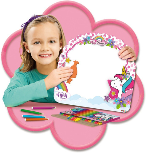 Imagen 2 de 5 de Pizarra Bifaz Kreker Unicorns , 24 Crayones + 4 Fibras + Bor
