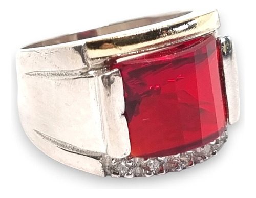 Anillo Plata Y Oro Con Piedra Roja Rectangular Y Cubic