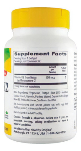 Vitamina K2 Mk7 100mcg 60 Cápsulas Healthy Origins Eua Sem Sabor