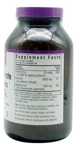 Bluebonnet Calcio Citrato De Magnesio Y Vitamina D3 180 Pzas Sabor Sin Sabor
