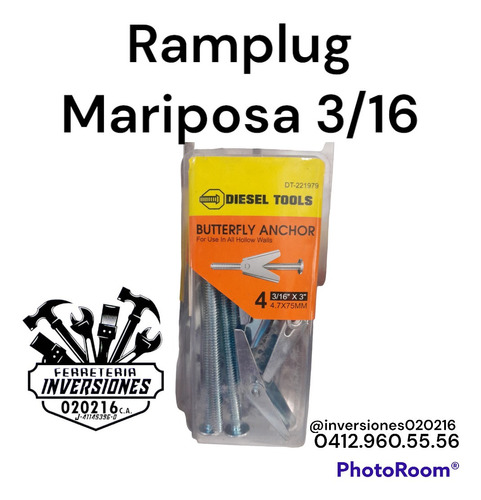 Ramplug Tipo Mariposa De 3/16 X 3  Empaque De 4 Unidades