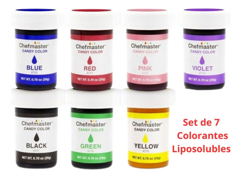 Pack 7 Colorantes Chefmaster Candy Liposoluble En Gel  20gr