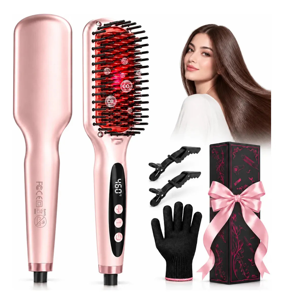 Cepillo Alaciador Eléctrico WELSUUL 2 en 1 para Cabello, Peine Alisador Cerámico con Iones Negativos, 7 Niveles de Temperatura hasta 230°C/460°F, Calentamiento Rápido MCH, Anti Fri