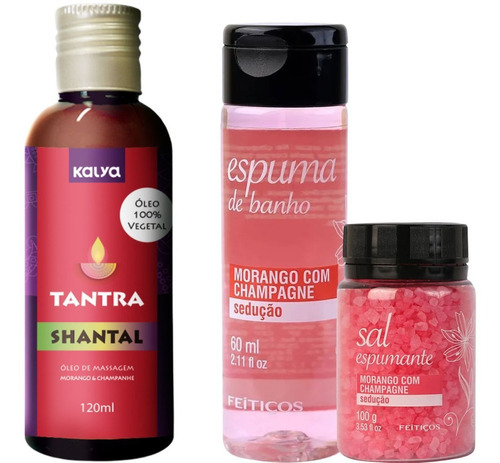 Kit Óleo De Massagem Corporal E Espuma E Sal Banho Morango