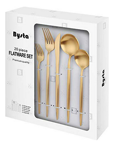 Matte Gold Silverware Set, Bysta 20-piece Stainless Steel Fl