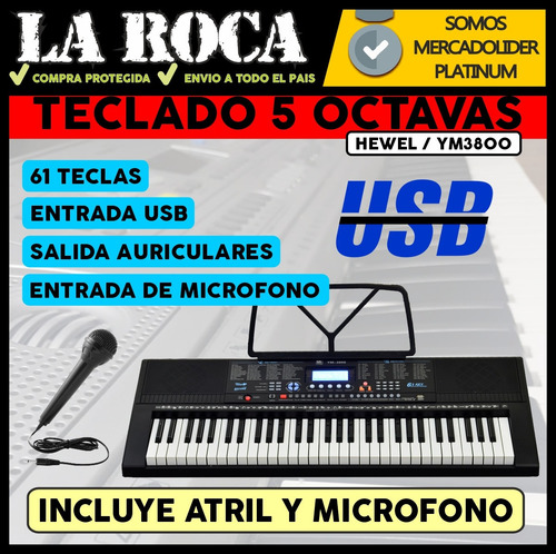 Imagen 3 de 10 de Teclado 5 Octavas 61 Teclas Usb Mp3 Microfono Y Atril