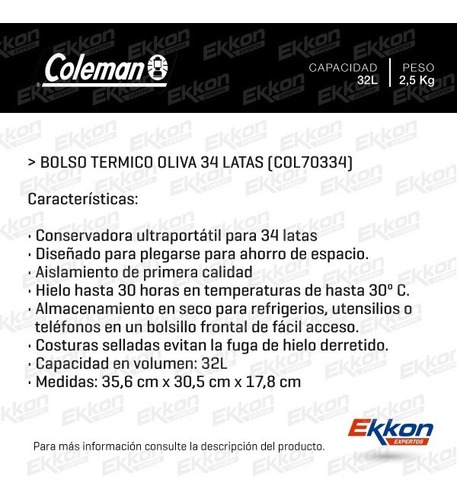 Imagen 2 de 10 de Bolso Termico Oliva 34 Latas Coleman (col70334)