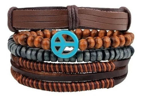 Conjunto Pulsera 4 En 1 Brazalete Hombre Moda Soga Cuero