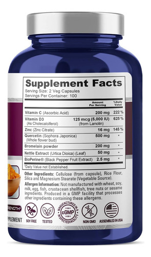 Nusapure Complejo De Quercetina + Bromelina + Vitamina C Sabor Sin Sabor