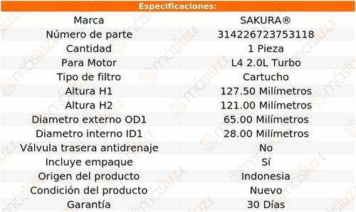 1) Filtro Aceite Volkswagen Eos 2.0l 4 Cil 07/08 Sakura