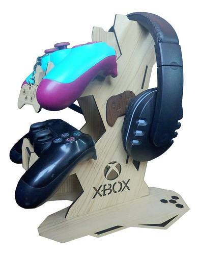 Suporte 2 Controles Headset Xbox X + Chaveiro Mdf Amarelo