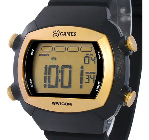 Relógio Digital X-games Masculino A Prova D'água 100 M Cor da correia Preto Cor do bisel Dourado Cor do fundo Dourado