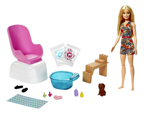 Juego de muñecas Barbie articuladas y rubias, salón de uñas, viene con accesorios de spa para mascotas, cachorros y pedicura, las uñas de manos y pies cambian de color con el agua, Mattel Toys
