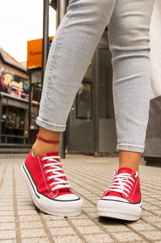 Imagen 4 de 10 de Zapatillas Urbanas Plataforma Lona Mujer Rojas Moda Dama