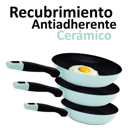 Jgo 3pz Sartenes Ceramica Antiadherente C/ Fibra De Carbon Color Negro/jade