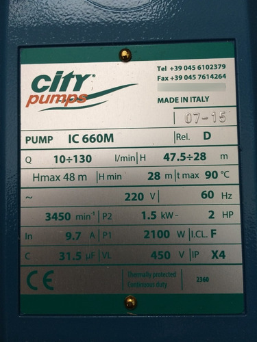 Imagen 5 de 6 de Bomba Centrifuga City Pedrollo 2 Hp, 220 V. Monof. Italiana.