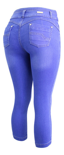 Jean Capri Mezclilla Dama Con Bolsas, Doble Botón En Pretina