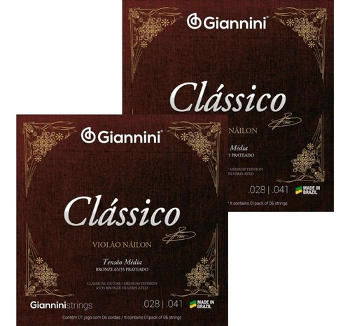 Kit 2 Encordoamento Violão Giannini Genwpm Nylon Média Cláss